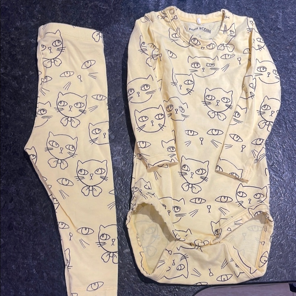 Mini Rodini Yellow Long Sleeve Bodysuit with Animal Print